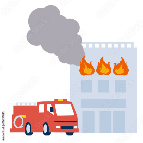 火災が起きたビルと消防車のイラスト