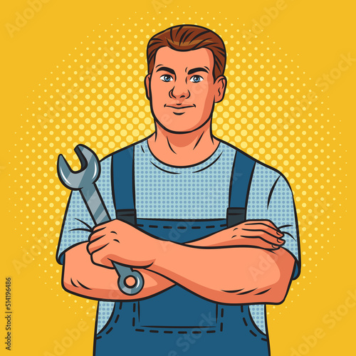 auto mechanic plumber with wrench pop art retro vector illustration. Comic book style imitation.
