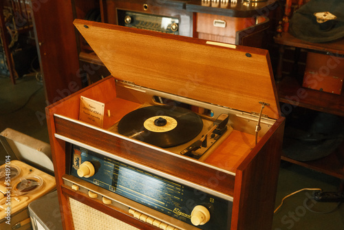Old vintage radio (gramophone) with vinyl record player