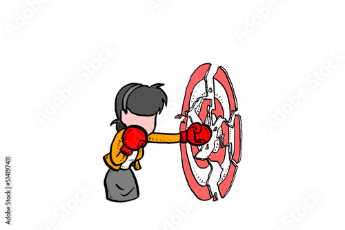 Female manager jab the target untik break using boxing glove. Achievement concept. Vector illustration design on isolated white background