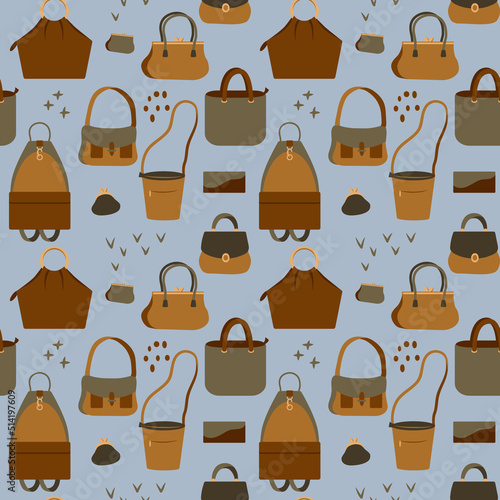 Seamless pattern with different types of bags. Design for wrapping paper or textile. Colorful vector illustration in flat style.