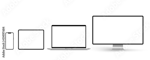 A set of isolated smart devices with blank screen: smartphone, tablet, laptop and desktop on white background. Stock royalty free vector illustration