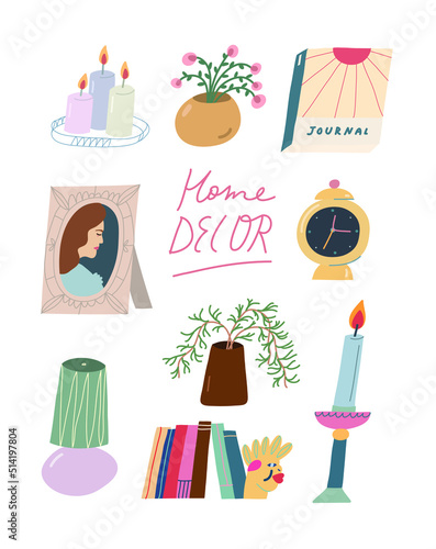 Vector collection of different elements for home decoration. Photo frame  flowers  lamp  candles. Home Decor lettering. Cute images.