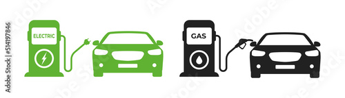 Obraz na plátně Gasoline car and electric car at the refueling station
