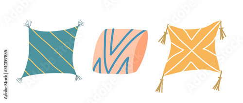 Vector collection of pillows with geometric and ethnic ornaments. Decorative interior elements. For cozy home.