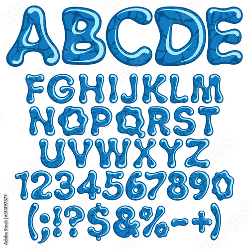 Letters, numbers and symbols of sea water. Isolated objects on a white background.