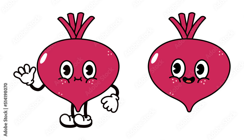 Cute funny beet waving hand character. Vector hand drawn traditional cartoon vintage, retro, kawaii character illustration icon. Isolated on white background. Beet character concept
