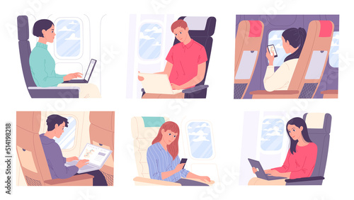 People working while traveling or flying. Business, Work, and Travel