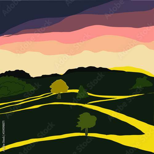 Color flat beautiful countryside scenery. Graphic vector illustration Italian landscape