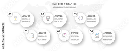 Modern infographics vector template. Business data visualization. White process chart. Simple design with 6 circles, steps, options, parts or processes.