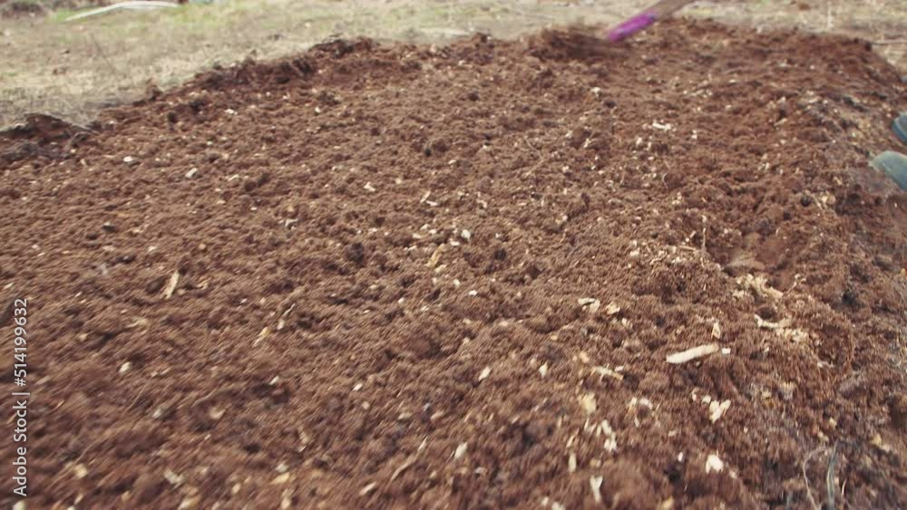 A rake loosens and levels a bed with humus or compost close-up. The concept of growing vegetables in the garden, cottage, garden plot in agriculture. Spring day, sowing and planting. UHD 4K. A rake loosens and levels a bed with humus or compost close-up. The concept of growing vegetables in the garden, cottage, garden plot in agriculture. Spring day, sowing and planting. UHD 4K.