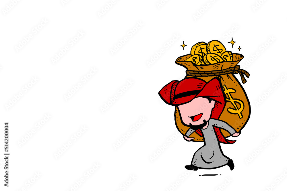 Naklejka premium Arab investor carrying big money bag and gold coin. Concept of financial business fortune. Caricature vector illustration design