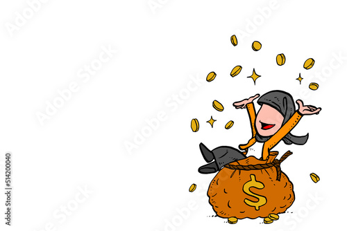 Asian muslim woman entrepreneur sitting on big money bag. Concept of retorn of investment and business profit. Caricature vector illustration design