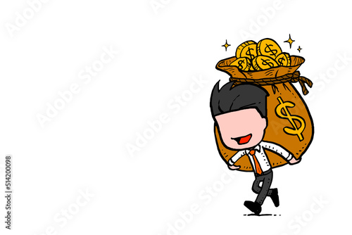 Happy businessman carrying big money bag. Concept of reward compensation and benefit. Line art vector illustration design