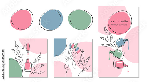 Set of elements and icons for nail studio or salon. Nail polish, nail brush, manicured female hands. Vector illustrations