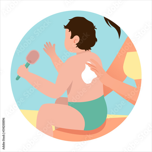 Mother applying sunscreen to baby. UV protection. Vacation on the beach. SPF cream using vector illustration.