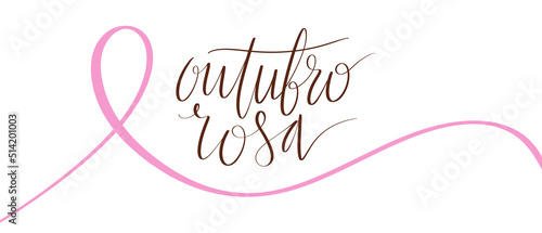 Outubro Rosa - Pink October in Brazilian language. Breast Cancer Awareness campaign web banner. Handwritten lettering.