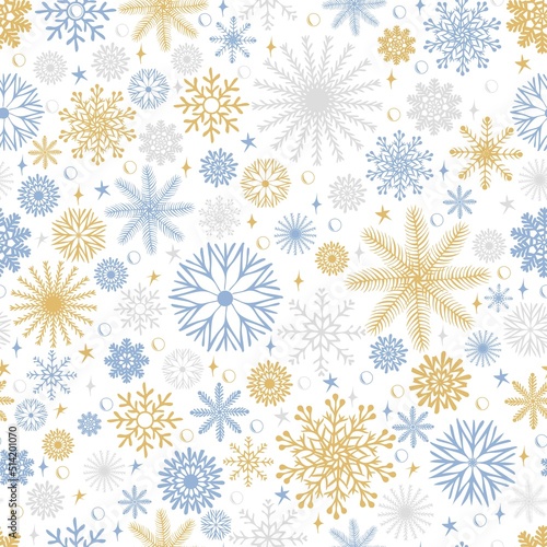 Christmas seamless pattern with snowflakes on white background. Retro textile collection. Suitable for textile, fabric, wallpaper, wrapping. Holidays vector illustration