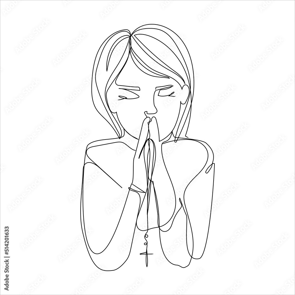 Child girl praying with folded hands Art Line vector illustration isolated on white background.Line drawing little girl praying with cross in in her hands ,continuous line design.Simple drawing Child girl praying with folded hands Art Line vector illustration isolated on white background.Line drawing little girl praying with cross in in her hands ,continuous line design.Simple drawing