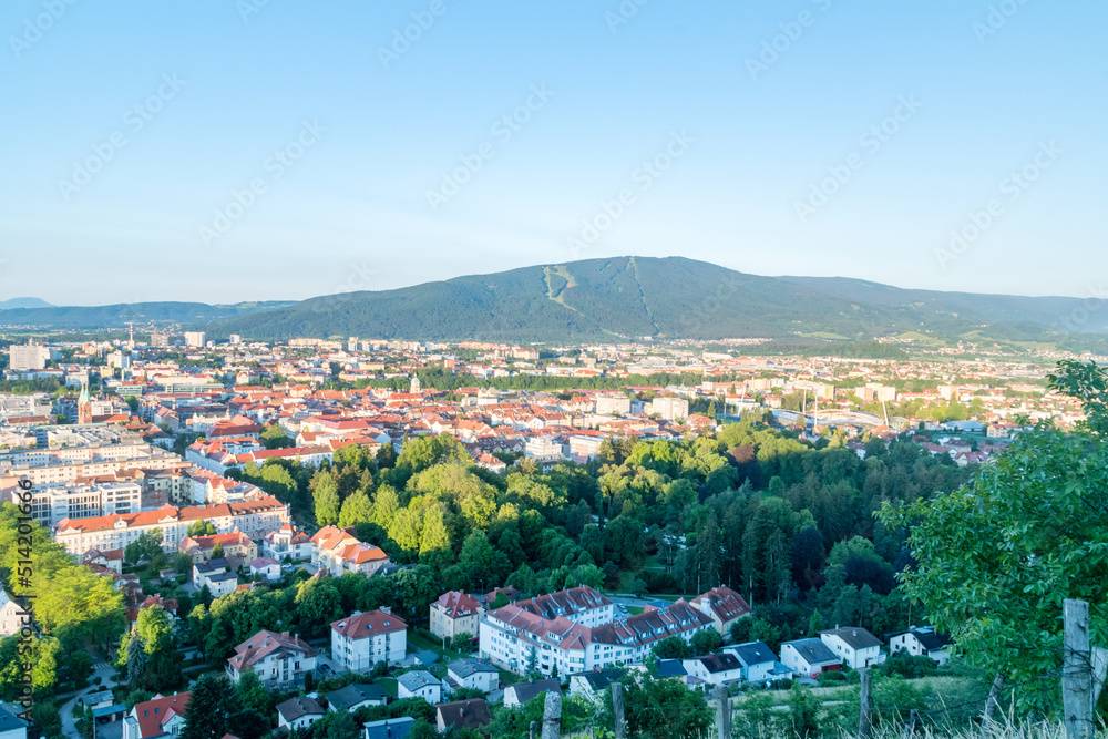 Obraz premium Morning view on Maribor city with the hill in background in Slovenia. Maribor is second-largest city in Slovenia.