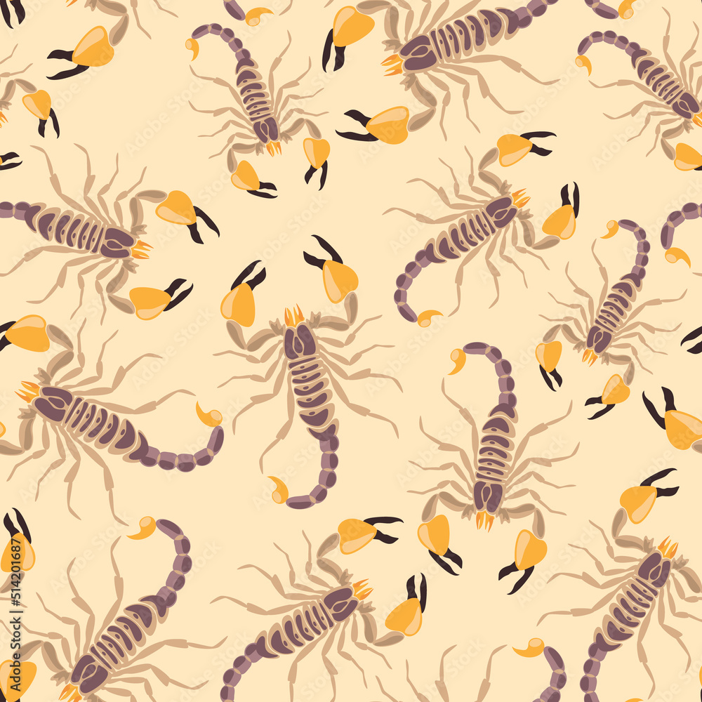Seamless yellow pattern with scorpion Seamless yellow pattern with scorpion