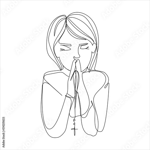 Child girl praying with folded hands Art Line vector illustration isolated on white background.Line drawing little girl praying with cross in in her hands ,continuous line design.Simple drawing
