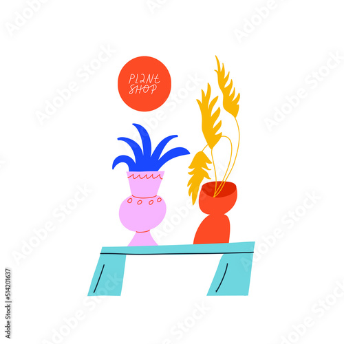 Colorful vector illustration with lettering. Depiction of houseplants. Plants in vases. Plant Shop hand drawn lettering.