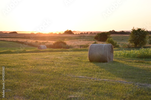 Golden Hour Sunset Over a Hay Field