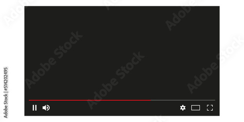 Video player screen. Play movie vector template. Music video interface mockup.  Web video browser display with play button. Isolated template on white background.
