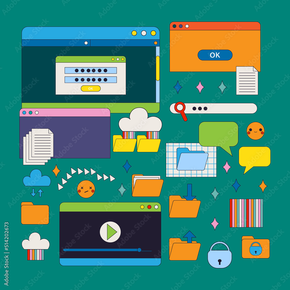 Set of retro computer elements. Funny trendy graphic. Vector hand drawn illustration. Set of retro computer elements. Funny trendy graphic. Vector hand drawn illustration.