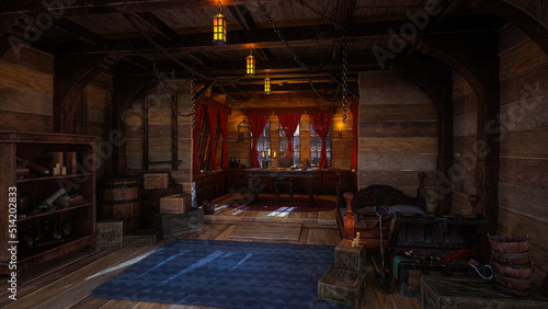 Captain's quarters in old wooden pirate ship with treasure chest on the floor and map on table by window. 3D rendering.