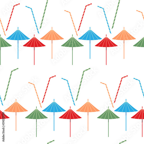 Bright summer pattern with an abstract image of colorful cocktail accessories on a white background.