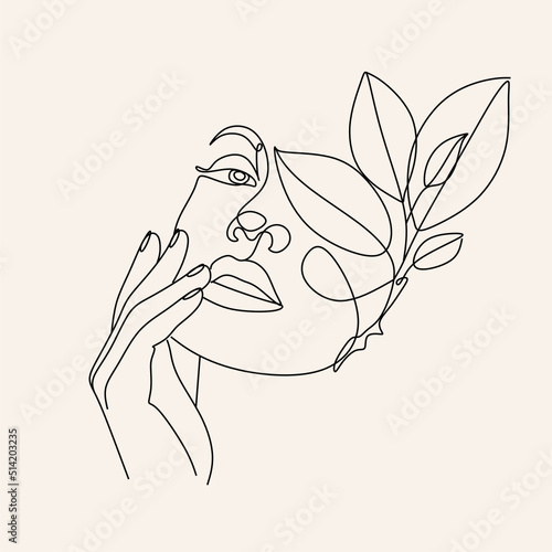 woman face with leaves line art. Continuous line drawing