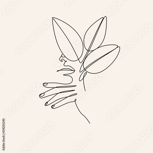 woman face with leaves line art. Continuous line drawing