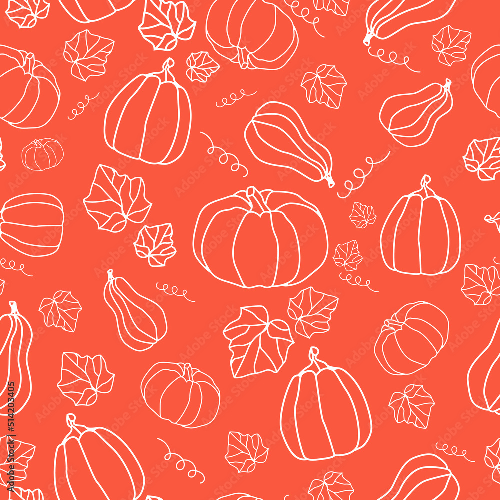 Seamless vector pattern with pumpkins and foliage. Hand drawn doodles. Wallpaper orange, brown background. Botanical print for fabric, textile, wrapping paper. Pumpkin harvest. Seamless vector pattern with pumpkins and foliage. Hand drawn doodles. Wallpaper orange, brown background. Botanical print for fabric, textile, wrapping paper. Pumpkin harvest.