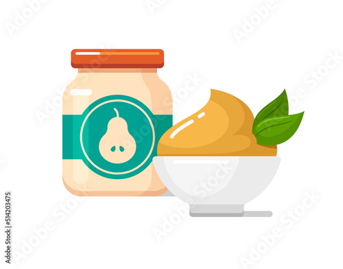 Pear puree in baby food jar with label. White ceramic bowl with jam. Kids nutrition icon. Vector colorful flat illustration isolated on background