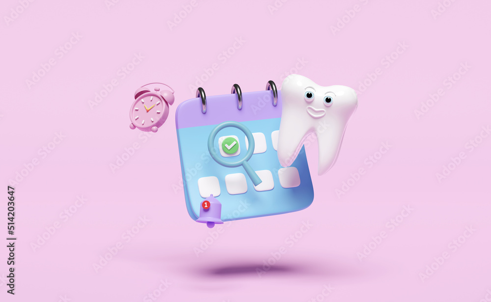 3d calendar with dental molar teeth model, clock, checkmark icons, marked date, notification bell isolated on pink. health of white teeth, dental examination of the dentist, 3d render illustration 3d calendar with dental molar teeth model, clock, checkmark icons, marked date, notification bell isolated on pink. health of white teeth, dental examination of the dentist, 3d render illustration