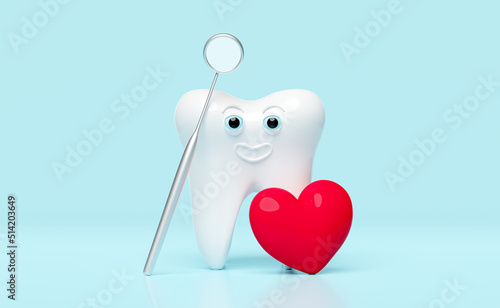3d dental molar teeth model icon with dentist mirror, red heart isolated on blue background. health of white teeth, dental examination of the dentist, 3d render illustration