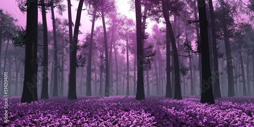 Fototapeta Naklejka Na Ścianę i Meble -  Glade of flowers in the forest at sunset, 3d rendering