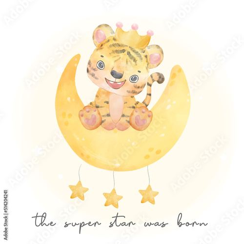 cute baby kid tiger sitting on crescent moon with star  super star was born  watercolor nursery animal cartoon painting vector
