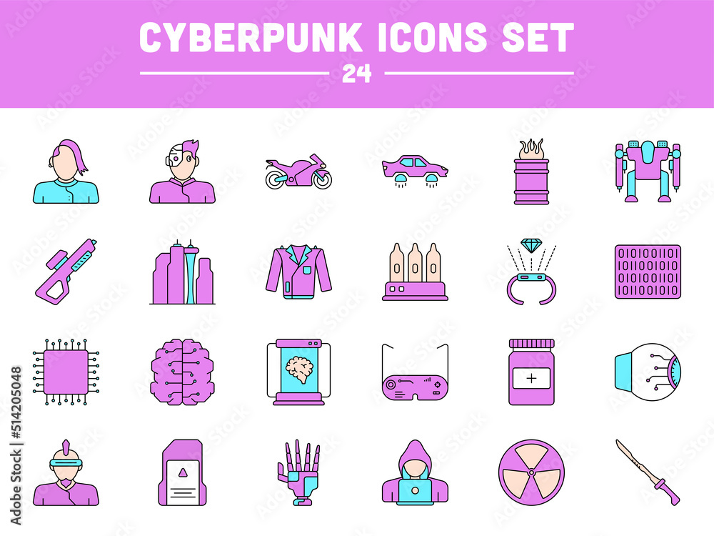 Pink And Blue Cyber Video Game Icon Set.