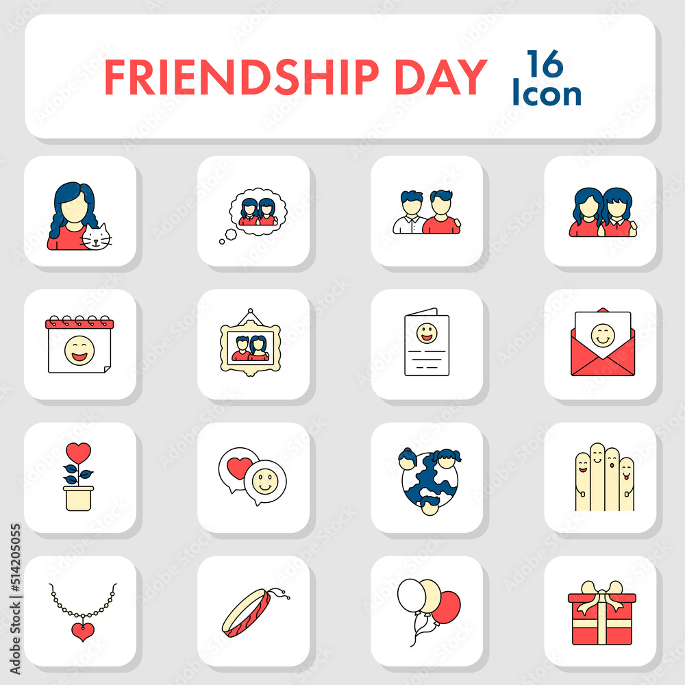 Flat Style Friendship Day Celebration 16 Icon Set.