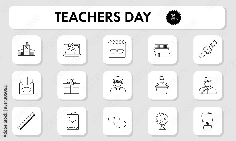 Black Linear Style 15 Teachers Day Square Icon Pack.