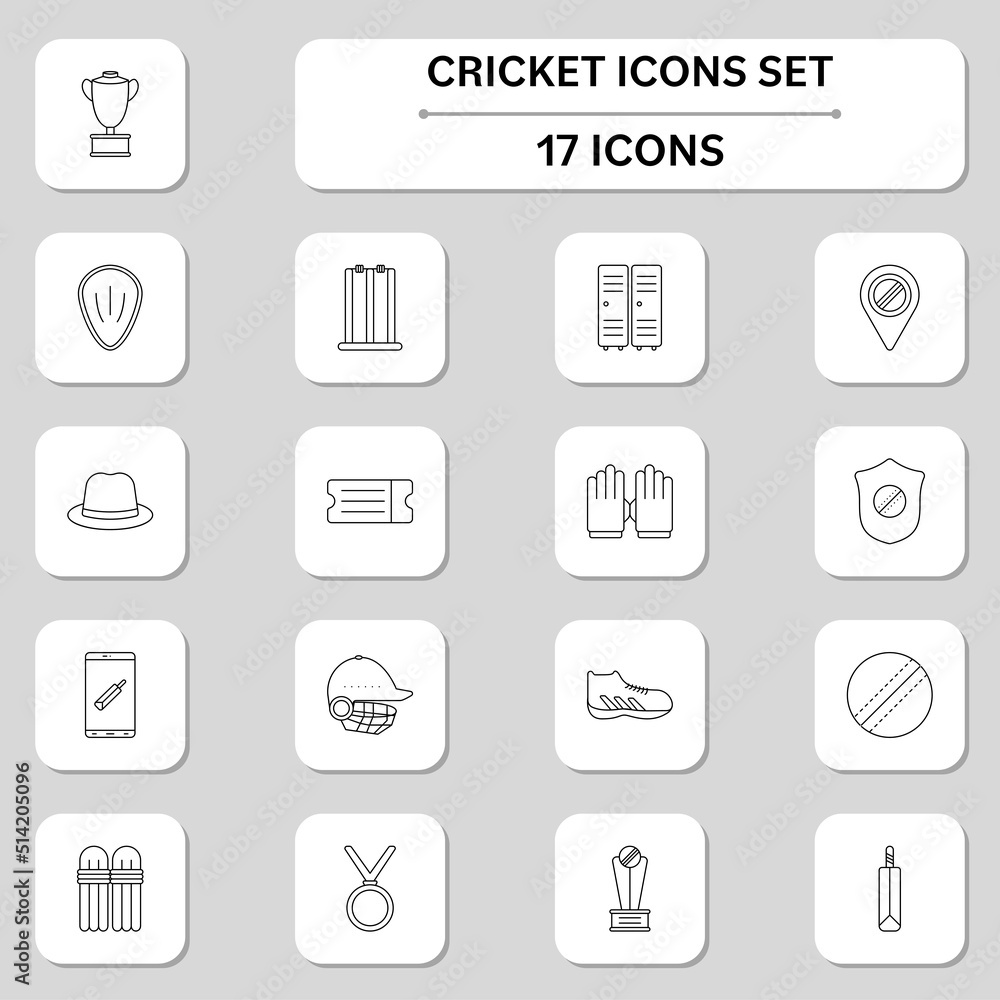 Illustration Of Cricket Sqaure Icon Set In Linear Style.