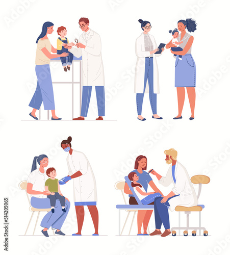 Set of scenes from children visiting doctor. Consultation of parents on children's diagnostics. Friendly medical workers with little patients. Vector characters flat cartoon illustrations.