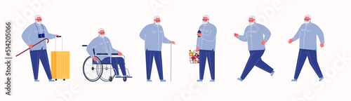 Elderly person character set. Old man leads active lifestyle. Emotions, gestures, postures, situations. Flat vector illustration isolated white background.