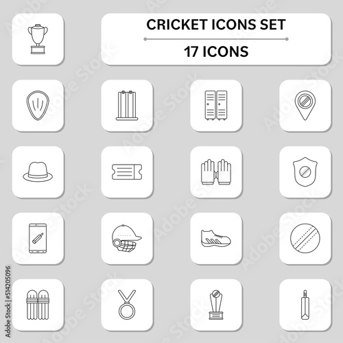 Illustration Of Cricket Sqaure Icon Set In Linear Style.