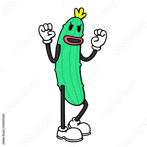 Cucumber cartoon character in doodle retro design. Print for t-shirt, sticker, street wear. Isolated vector illustration.