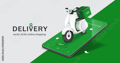 Green food bag or box is placed on a white motorcycle or scooter. and all on smartphone with a green screen and the receipt paper fell all around,vector 3d isolated for delivery and online shopping photo