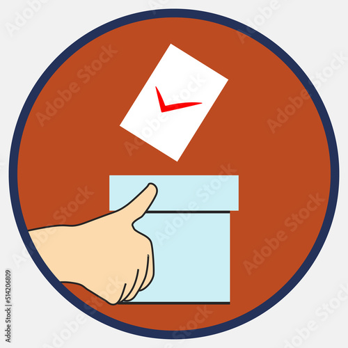 Ballot falls into blue ballot box. Candidate selection. Red check mark on piece of paper. Voting at polling station. Thumb up as symbol of approval and consent. Right choice concept. Election campaign